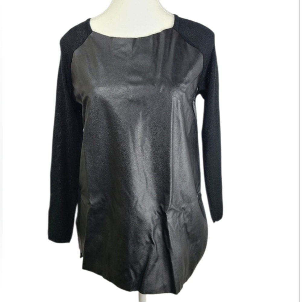 Zara Knit Black Faux Leather Trim Long Sleeve Shirt Sz S Edgy Minimalist Moto